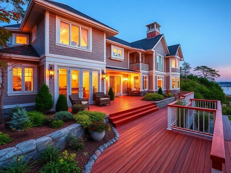 Well-kept coastal home exterior with manicured landscaping at dusk