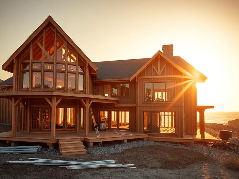 Custom coastal home under construction at golden hour