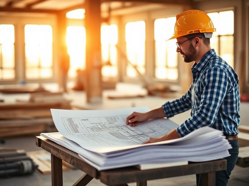 Project manager reviewing blueprints on site