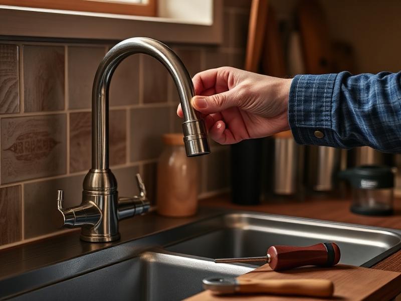 Tradesperson repairing a kitchen faucet with hand tools nearby